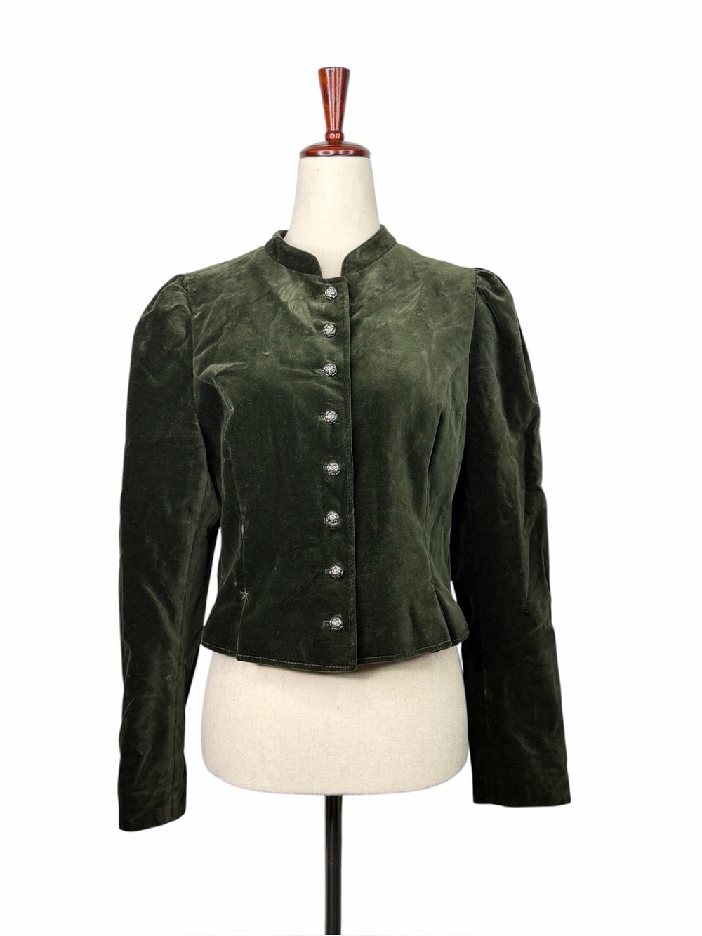 VTG Austria Cotton Velvet Cropped Puff Sleeve Green Jacket Victorian Goth Sz 6
